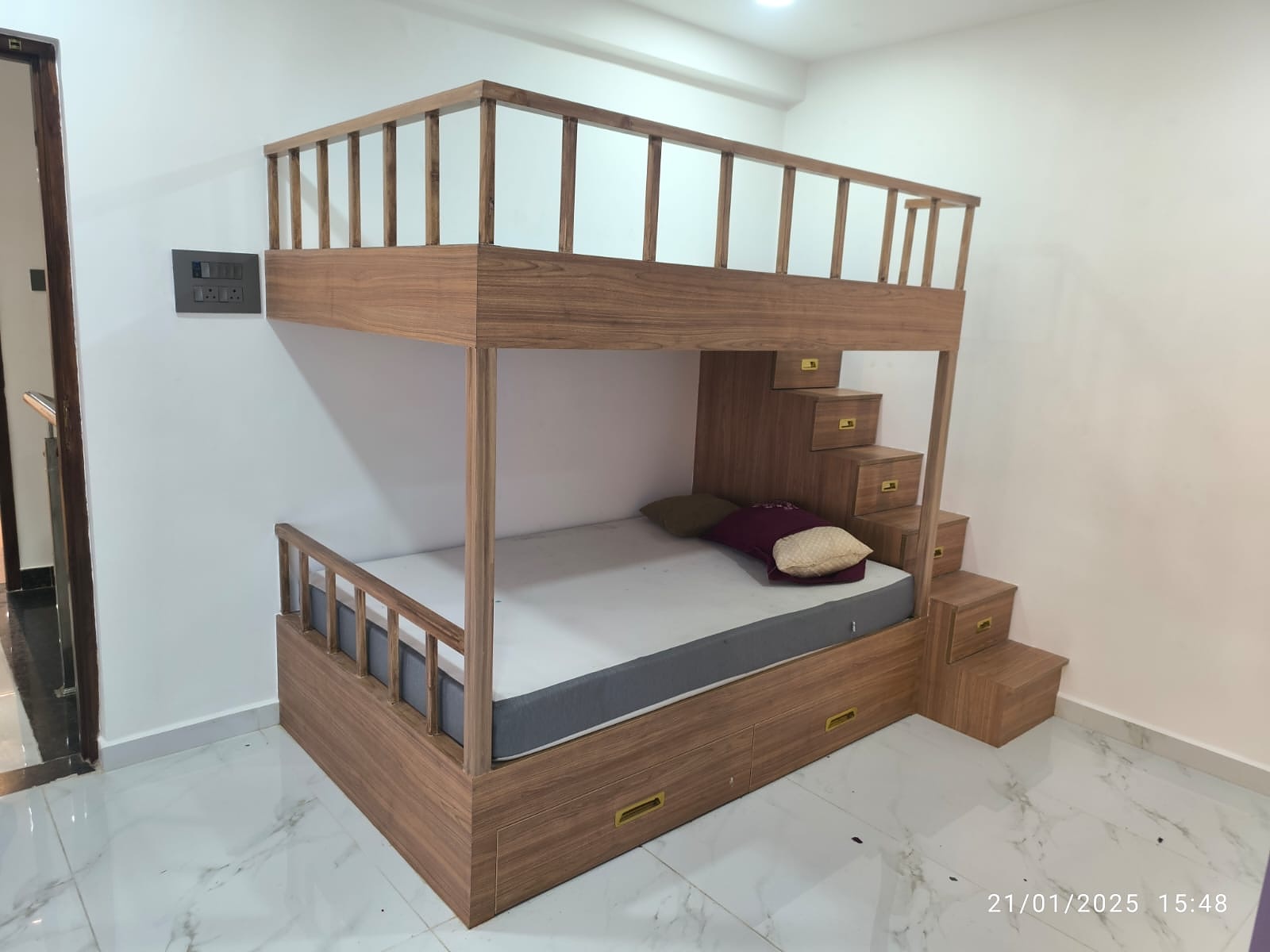 Wooden bunk bed with storage stairs